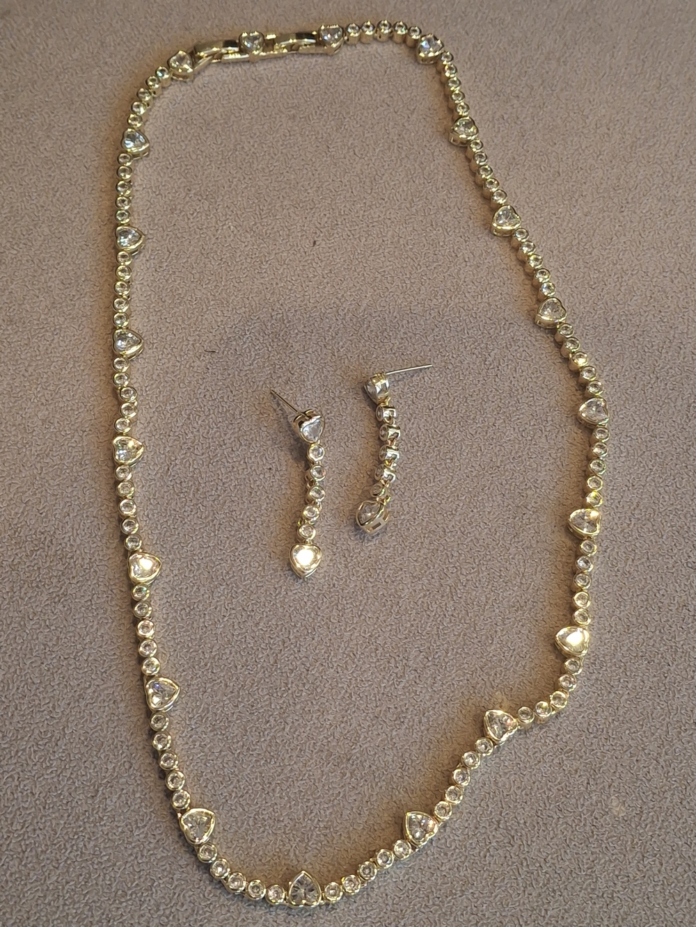 Gold-Tone Crystal Heart Necklace and Drop Earrings Set